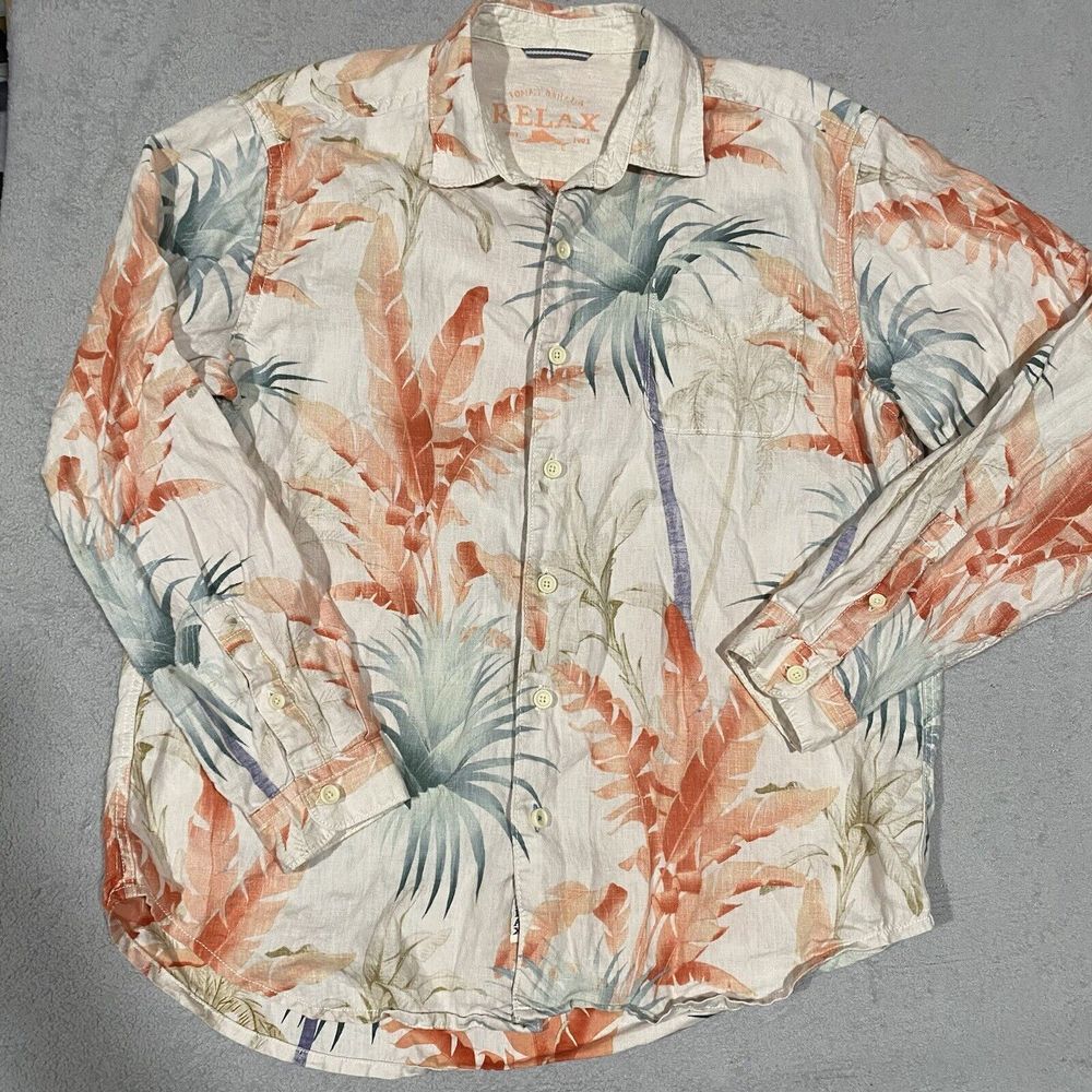 Tommy Bahama Relax Linen Shirt‎ Mens L Multicolor Palms Aloha Hawaiian Coastal